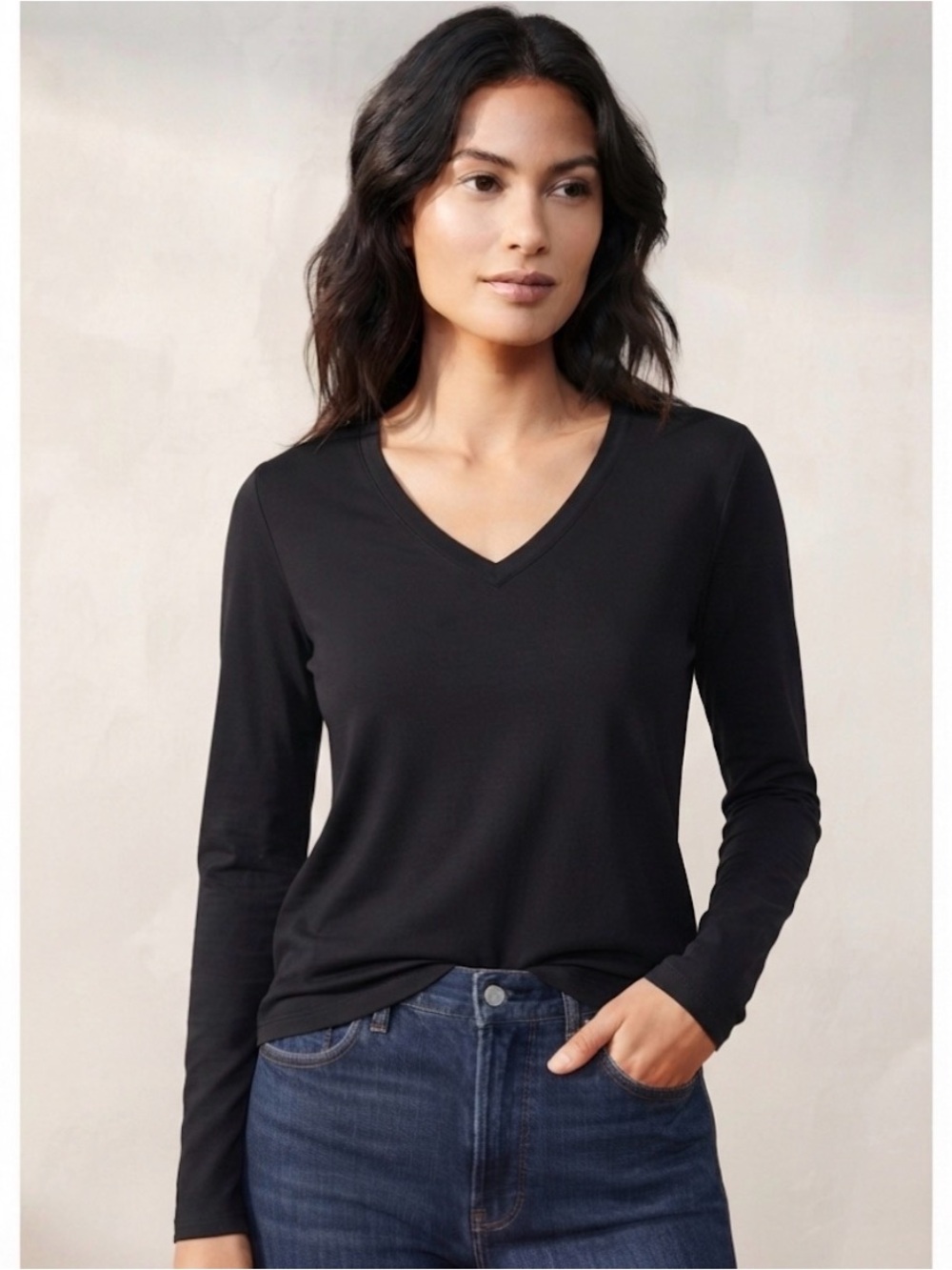 Classic Black Long Sleeve V-neck Top